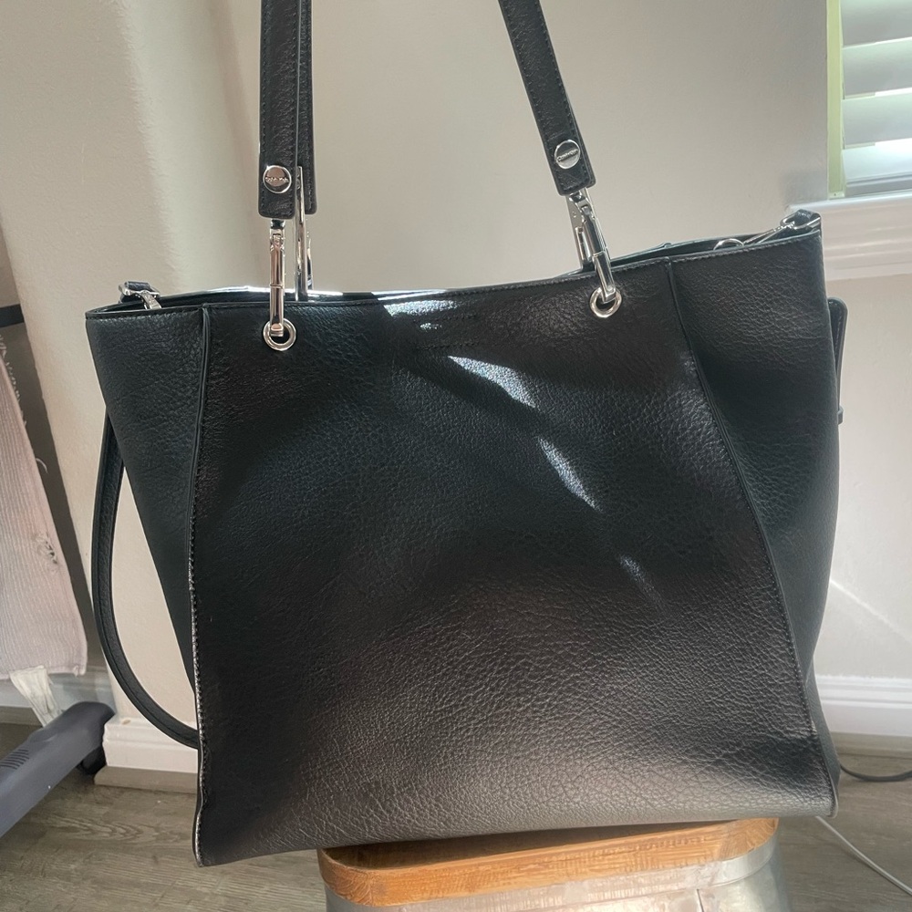 Calvin Klein Reyna North/South Tote Black Silver Metal Shoulder Crossbody Bag